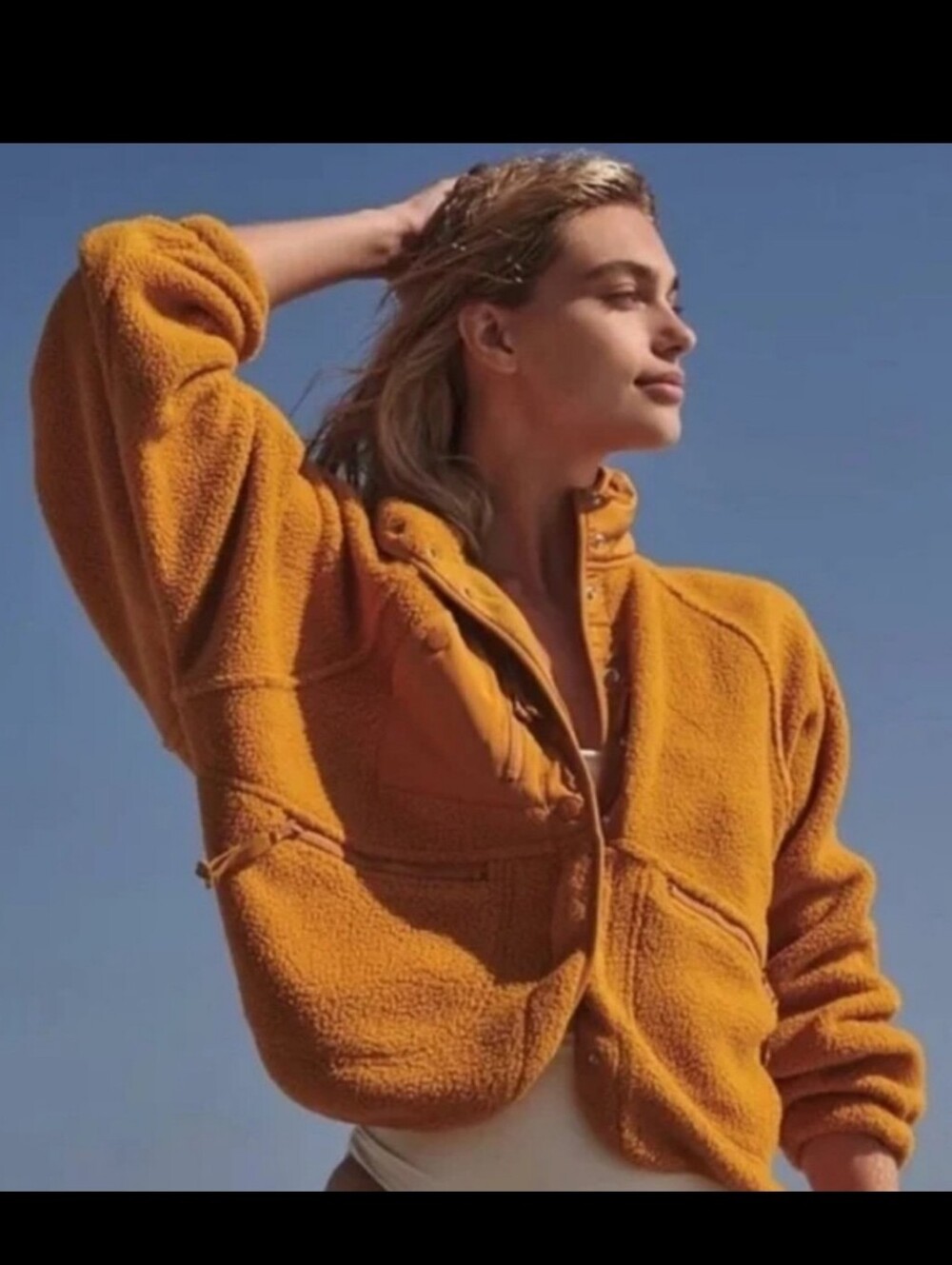 Free People FP Movement Hit The Slopes Fleece Jacket Mustard Yellow Snap Front S